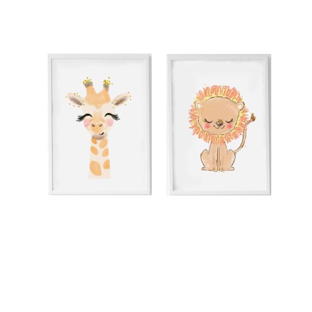 Jeu de 2 tableaux Crochetts 33 x 43 x 2 cm Girafe Lion 2 Pièces