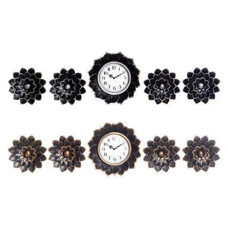 Horloge Murale DKD Home Decor Fleurs Noir Verre polypropylène Doré Argenté (5 pcs) (2 pcs) (35 x 5 x 35 cm)