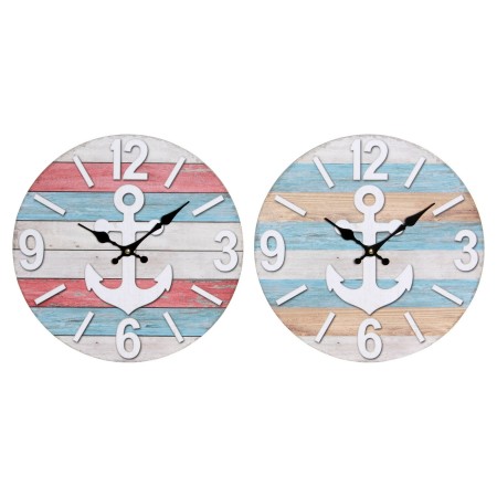 Horloge Murale DKD Home Decor Ancre Rouge Bleu MDF Blanc Bois MDF (34 x 4 x 34 cm) (34 cm) (2 pcs)