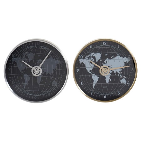 Horloge Murale DKD Home Decor Noir Aluminium Verre Doré Argenté Mappemonde (2 pcs) (30 x 4.3 x 30 cm)