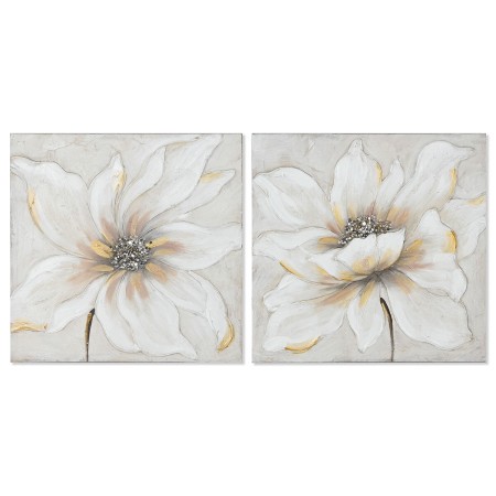 Cadre Home ESPRIT Blanc Beige Toile Bois MDF Fleur Romantique 50 x 2,5 x 50 cm (2 Unités)