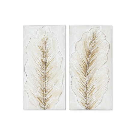 Cadre Home ESPRIT Blanc Doré Toile Bois MDF Feuille d'une plante Romantique 30 x 2,5 x 60 cm (2 Unités)