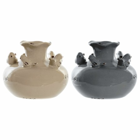 Vase DKD Home Decor Porcelaine Gris Beige Oiseaux Shabby Chic (14.5 x 14.5 x 12 cm) (2 pcs)