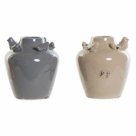 Vase DKD Home Decor Porcelaine Gris Beige Oiseaux Shabby Chic (13 x 13 x 14.5 cm) (2 pcs)