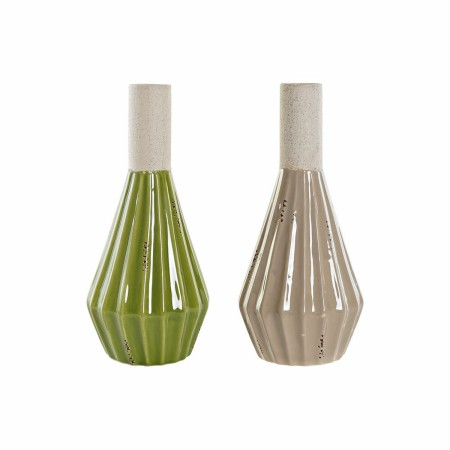 Vase DKD Home Decor Porcelaine Beige Vert Shabby Chic (14 x 14 x 29.5 cm) (2 pcs)