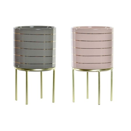 Cache-pot DKD Home Decor Céramique Rayures Métal Vert Rose clair (12.2 x 12.2 x 21 cm) (2 pcs)