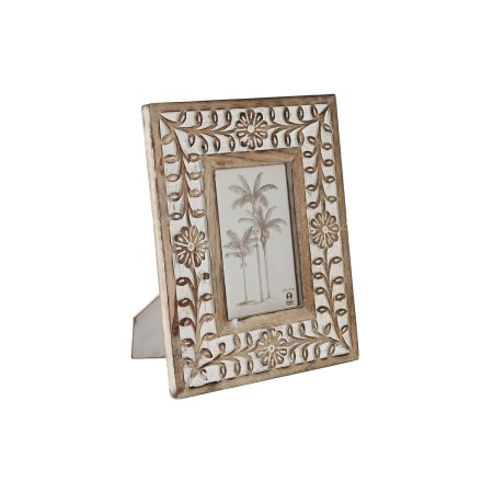 Marco de Fotos Home ESPRIT Blanco Natural Cristal Madera de mango Flor Indio 21 x 2 x 26,5 cm