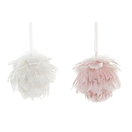 Boule de Noël DKD Home Decor Mousse Blanc Rose clair Plume (2 Unités)