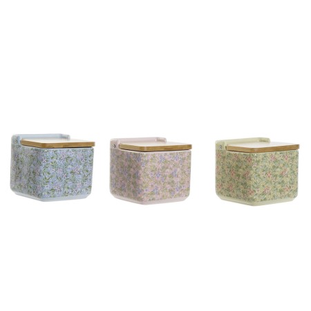 Salière avec couvercle DKD Home Decor Fleurs Bleu Rose Vert Bambou Dolomite (12.5 x 12.5 x 12.5 cm) (3 pcs)