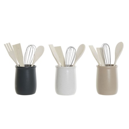 Pot pour ustensiles de cuisine DKD Home Decor Bois d'hévéa Grès (3 pcs) (10 x 10 x 14 cm)