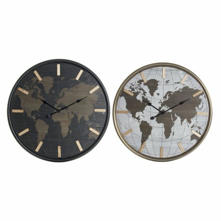 Horloge Murale DKD Home Decor Noir Marron Fer Bois MDF Mappemonde (2 pcs) (75 x 4 x 75 cm)