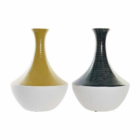 Vase DKD Home Decor Ocre Bleu Blanc Grès Moutarde (24 x 24 x 38 cm) (2 Unités)