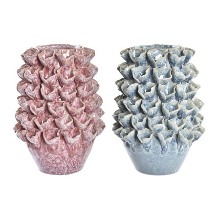 Vase DKD Home Decor Fleur Rose Turquoise Grès méditerranéen (18 x 18 x 27 cm) (2 Unités)