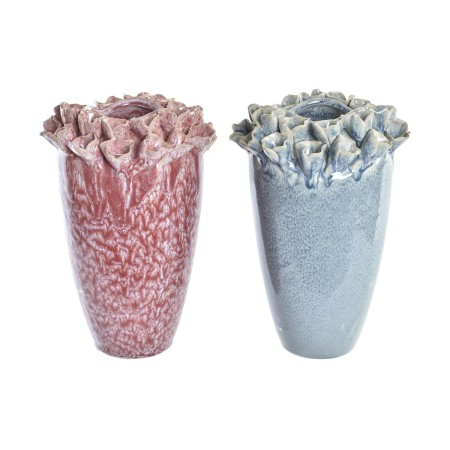 Vase DKD Home Decor Fleur Rose Turquoise Grès méditerranéen (2 Unités) (16 x 16 x 26 cm)