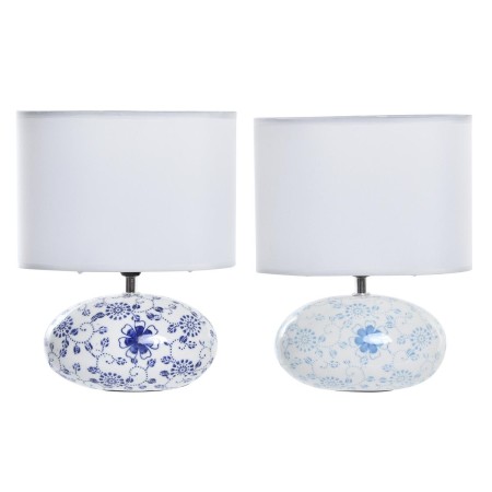 Lampe de bureau DKD Home Decor 25W Fleur Céramique Bleu Polyester Blanc 220 V Shabby Chic (23 x 13 x 29 cm) (2 Unités)