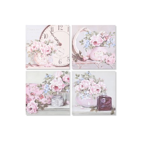 Cuadro Home ESPRIT Verde Rosa Rosas Romántico 60 x 3 x 60 cm (4 Unidades)