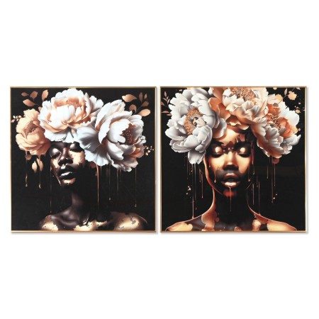 Cadre Home ESPRIT Blanc Noir Doré Fleurs 80 x 3,5 x 80 cm (2 Unités)