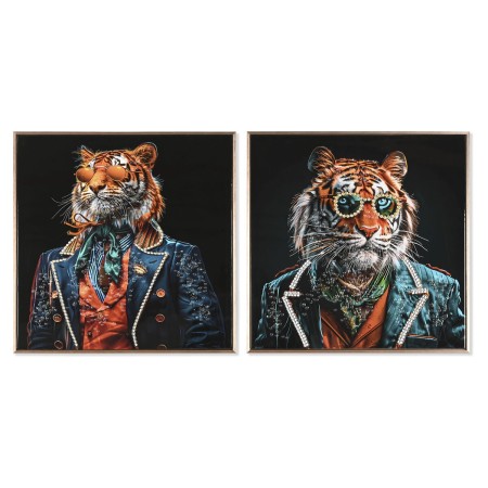 Cuadro Home ESPRIT Negro Turquesa Tigre Lacado 60 x 3,5 x 60 cm (2 Unidades)