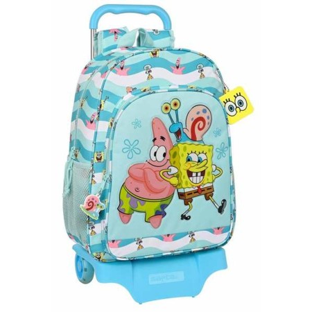 Mochila Escolar con Ruedas Spongebob Stay positive Azul Blanco 33 x 42 x 14 cm