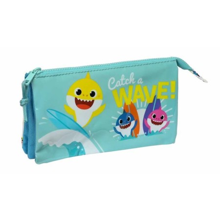 Trousse Fourre-Tout Triple Baby Shark Surfing Bleu Blanc 22 x 12 x 3 cm