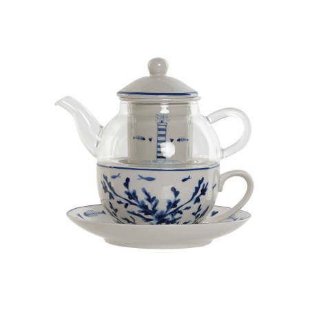Théière Home ESPRIT Bleu Blanc Verre Porcelaine