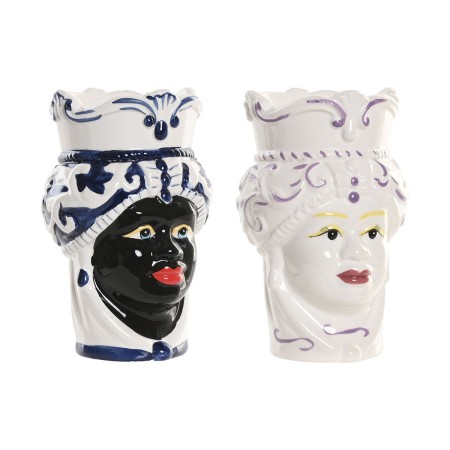 Cache-pot Home ESPRIT Bleu Blanc Noir Porcelaine 12 x 12 x 20 cm (2 Unités)