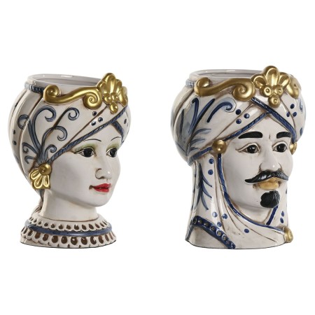 Macetero Home ESPRIT Azul Blanco Dorado Porcelana 15 x 15 x 26 cm (2 Unidades)
