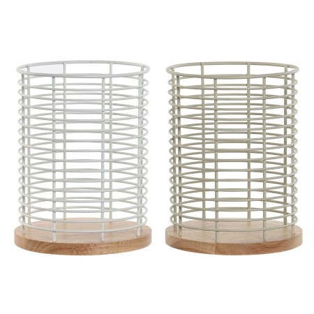 Panier à couverts Home ESPRIT Beige Gris Naturel Métal Bois d'hévéa 13,5 x 13,5 x 17 cm (2 Unités)