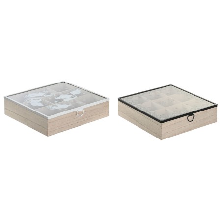Boîte pour infusions DKD Home Decor Bleu Blanc Noir Naturel Métal Verre Bois MDF 24 x 24 x 6,5 cm (2 Unités)
