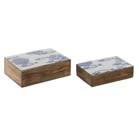 Caja-Joyero Home ESPRIT Azul Blanco Natural Madera de mango 25 x 17,5 x 8 cm (2 Unidades)