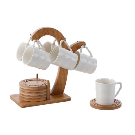Juego de Tazas de Café Home ESPRIT Blanco Natural Bambú Porcelana 90 ml