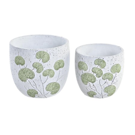 Set de pots DKD Home Decor Ciment Blanc Vert Oriental Feuille d'une plante (17 x 17 x 15 cm)