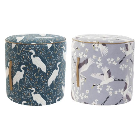 Repose-pied DKD Home Decor Bleu Bois Polyester Blanc Vert Oiseau Oriental (35 x 35 x 35 cm) (2 Unités)