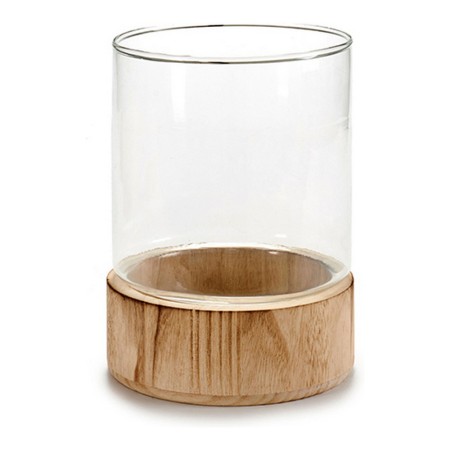 Bougeoir Marron Transparent Verre Bois (14,5 x 19,3 x 14,5 cm)