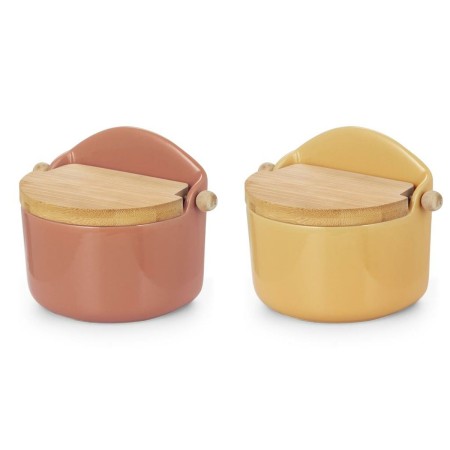 Salero con Tapa DKD Home Decor Terracota Amarillo Bambú Dolomita (15 x 9,5 x 11,5 cm) (2 Unidades)