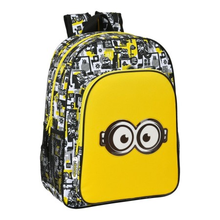 Mochila Escolar Minions Negro Blanco Amarillo (33 x 42 x 14 cm)