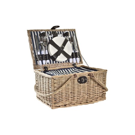 Panier DKD Home Decor osier Pique-nique Céramique Naturel Bleu Polyester Acier inoxydable (41 x 33 x 23 cm)