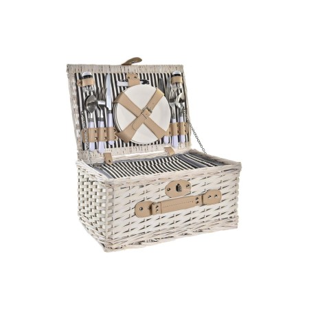 Panier DKD Home Decor osier Pique-nique Céramique Beige Polyester Acier inoxydable Blanc (40 x 28 x 20 cm)