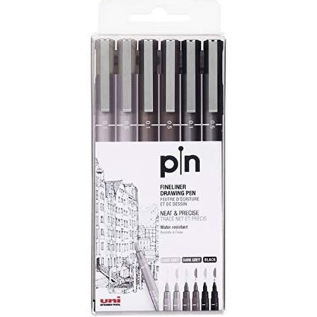 Rotulador permanente Uni-Ball PIN-200(S) Negro Gris 6 Piezas