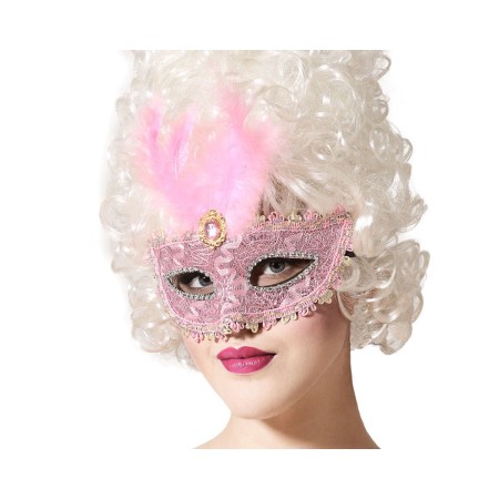 Antifaz con Plumas Rosa 17 x 17 cm