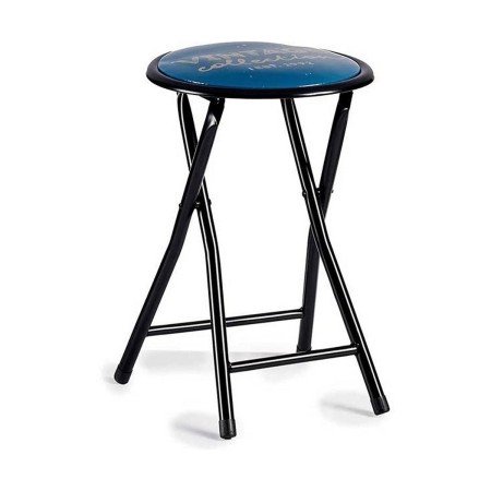 Taburete Plegable Vintage Azul Negro Metal PVC 30 x 45 x 30 cm