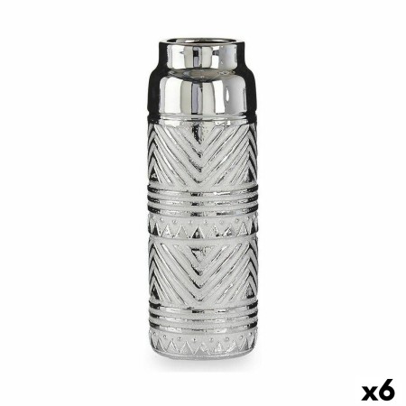 Vase Cylindre Rayures Argenté Céramique 10,5 x 30 x 10,5 cm (6 Unités)