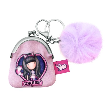 Porte-clés Porte-monnaie Gorjuss Cheshire cat Rose Violet Pompon