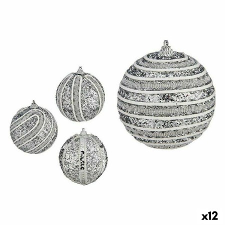 Set de Bolas de Navidad Purpurina Ø 10 cm Plateado PVC (12 Unidades)