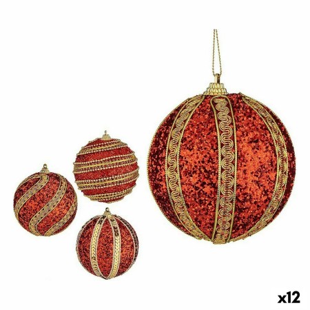 Set de Bolas de Navidad Purpurina Ø 10 cm Rojo Dorado PVC (12 Unidades)