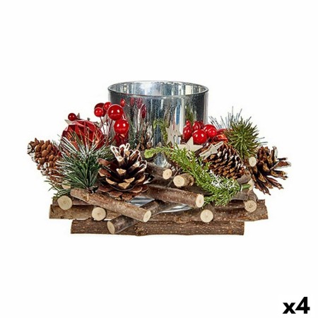 Portavelas Navideño Madera Rojo Verde Plateado Natural 20 x 11 x 20 cm (4 Unidades)