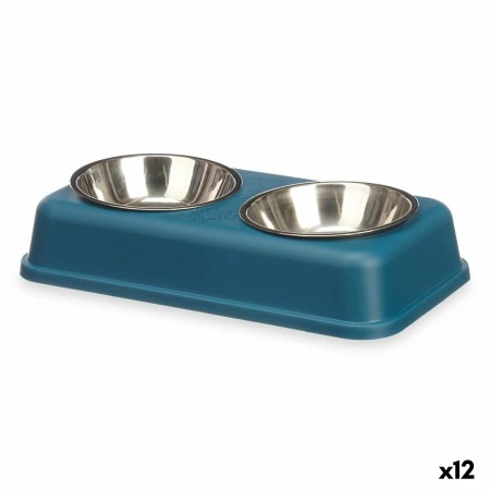 Mangeoire pour chats Double Bleu Métal 35 x 7,5 x 19 cm (12 Unités)