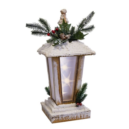 Adorno Navideño Blanco Marrón Natural Madera Farol Navidad 16 x 16 x 42 cm
