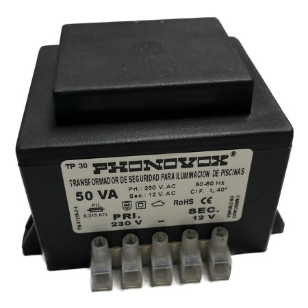 Transformador de seguridad para iluminación de piscinas PHONOVOX tp31050 50 VA 12 V 230 V 50-60 Hz 9,8 x 7,9 x 6,4 cm