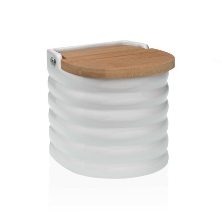Salière avec couvercle Versa Rayures Blanc Céramique Bambou Dolomite 11 x 11 x 11 cm